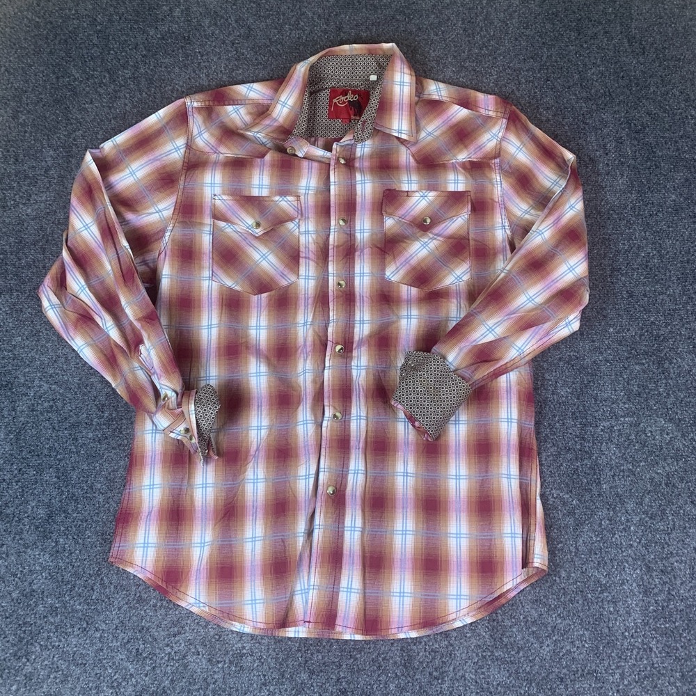 Rodeo Clothing Co Western Shirt Mens Large Red Plaid Good Pearl Snap Long Sleeve